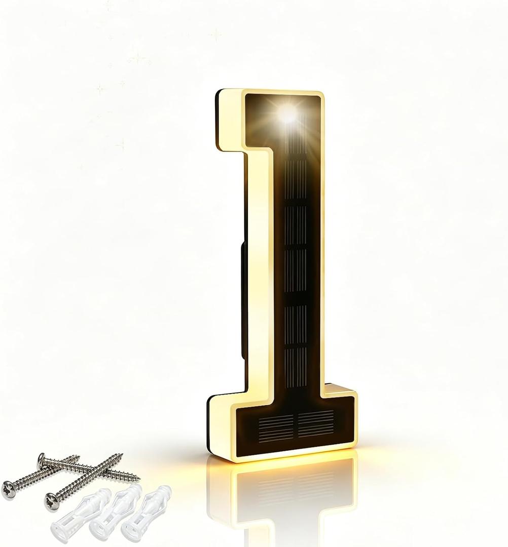 DIBMS 6.7 Inch Solar Lighted House Numbers for Outside Lighting, Waterproof LED Illuminated Address Sign, Personalized Backlit Number for Home Exterior Apartments Hotels Factories (Number 1-Black)