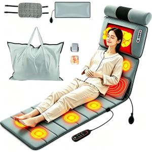 TeqHome Full Body Massage Mat with Heat, Massager Pad with 10 Motors, 9 Modes & 3 Timers with Earplugs & Pillow Cloth, Neck/Back Relief, Anti-Slip for Bed/Sofa, Gift for Men Women