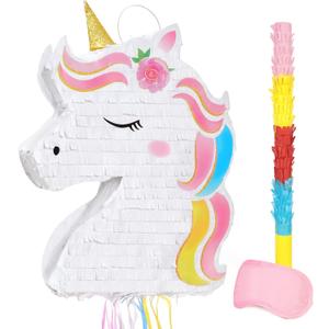 WERNNSAI Foldable Unicorn Piata - Pull String Unicorn Birthday Party Supplies Extendable Unicorn with Blindfold Bat and Tassels Unicorn Birthday Party Decoration Games Folding Piatas for Kids