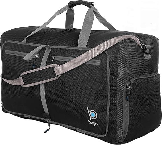Bago Foldable Duffel Bags for Traveling Women & Men - 40L Sports Packable Duffle Bag for Travel with Shoe Compartment - Water Repellant, Heavy Duty, Lightweight Folding & Collapsible (Black)