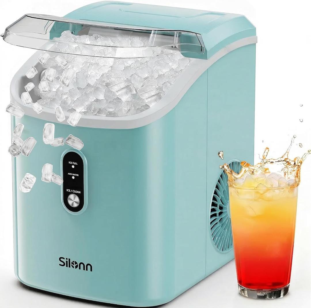 Silonn Nugget Ice Maker Countertop, Chewable Pellet Ice Machine with Self-Cleaning, Portable Pebble Ice Maker with Ice Scoop for Home, Kitchen & Office, Green