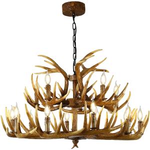 15 Lights Antler Chandelier 10+5 Double Layer Lights Brown Resin Art Deco Antler Ceiling Fixture Rustic Antler Light for Cafe, Living Room, Bar (18 Antlers + 15 Lights)