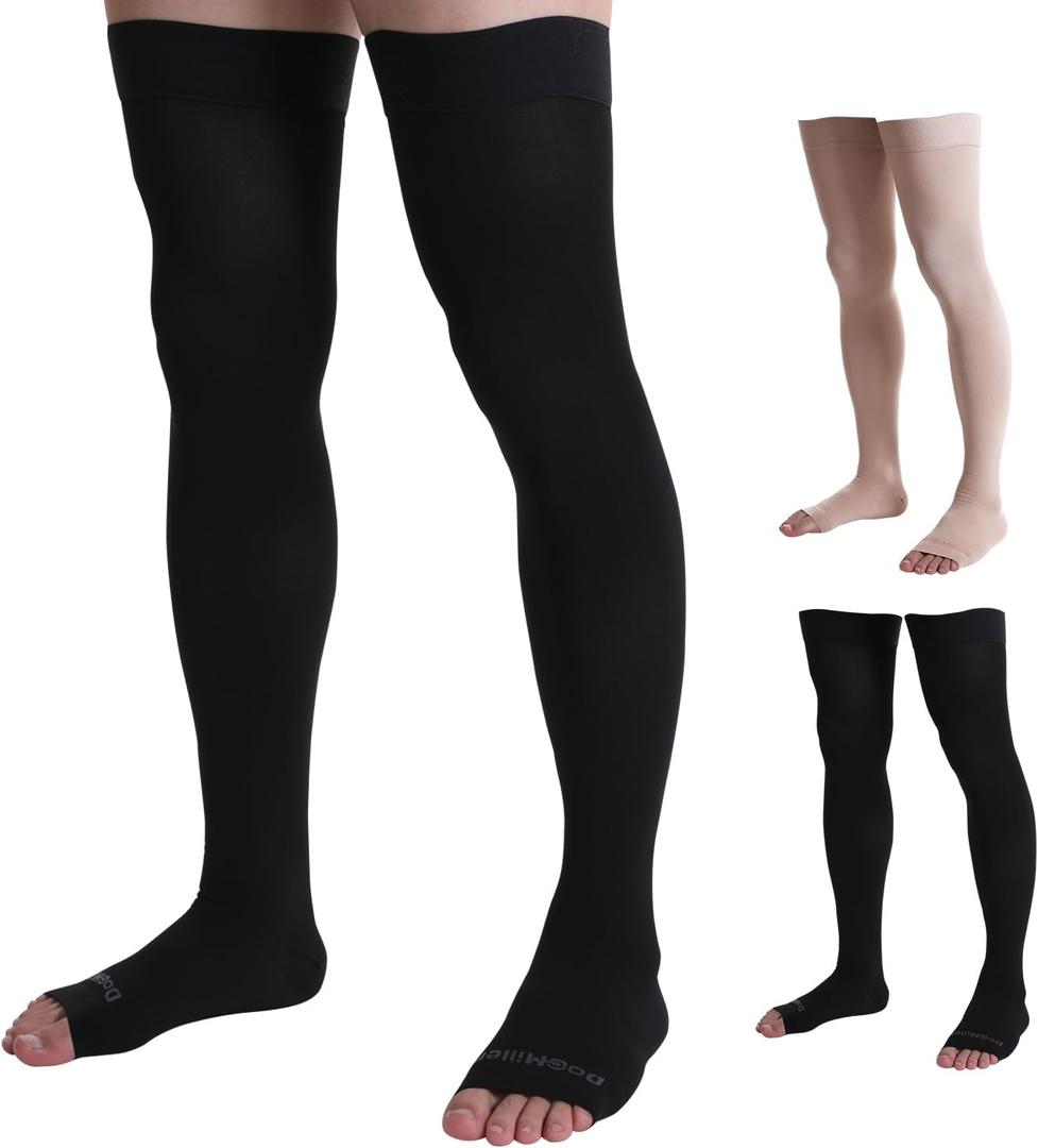 Doc Miller Thigh High Open Toe Compression Stockings 15-20mmHg for Varicose Veins, Pregnancy Support Open Toe Thigh High Compression Socks for Women and Men (Large, Black)