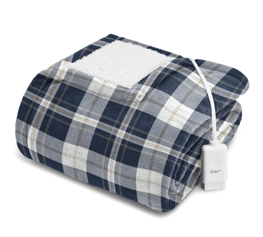 Sunbeam Oversized Microplush & Sherpa Heated Throw - Concord Blue Plaid