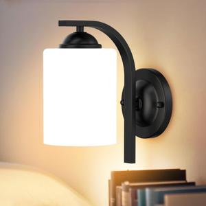 Wall Sconces Lights Lamp for Bedroom Bathroom, Modern Vanity Light Fixtures, Matte Black Farmhouse Wall Mount Lighting Lanterns with Glass Shade for Living Room Mirror Hallway, Hardwired (1 Pack)