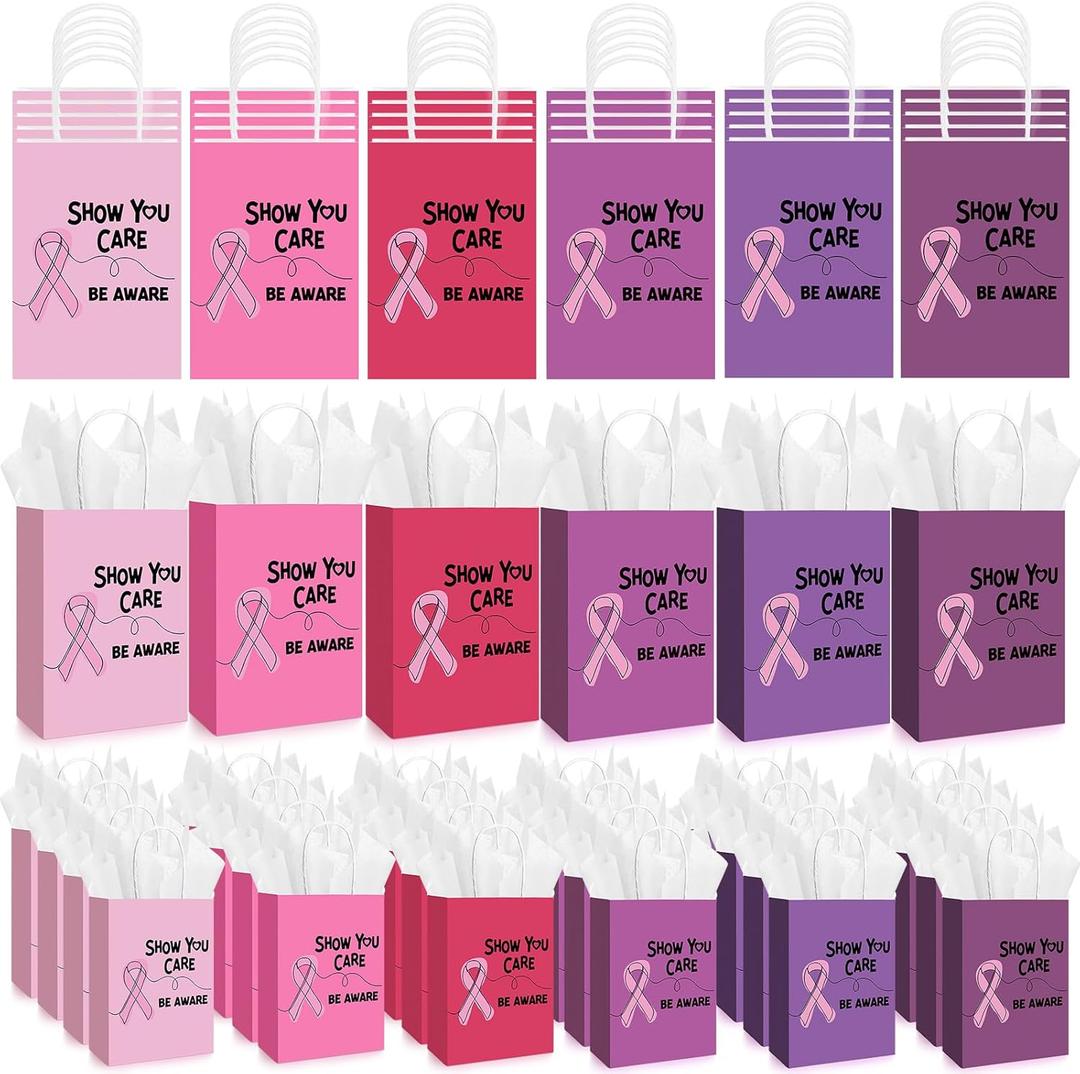 Abbylike 36 Pcs Breast Cancer Awareness Gift Bags with Handle 6 Styles Pink Ribbon Cancers Fighter Gifts Bags with Tissue Paper for Women Breast Cancer Awareness Party Supplies