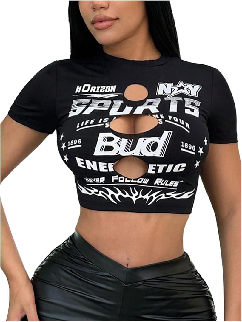 Women's Y2K Letter Print Tees Cut Out Crew Neck Crop Tops Sexy T Shirt (Black)