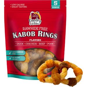 Country Kitchen Rawhide Free Kabob Rings 4 Flavor Variety Pack, 5 Count | Protein Dog Treats,Made with Real Chicken, Beef, Pork, and Duck, Chewy, Airy Texture (EXP 07/25/27)