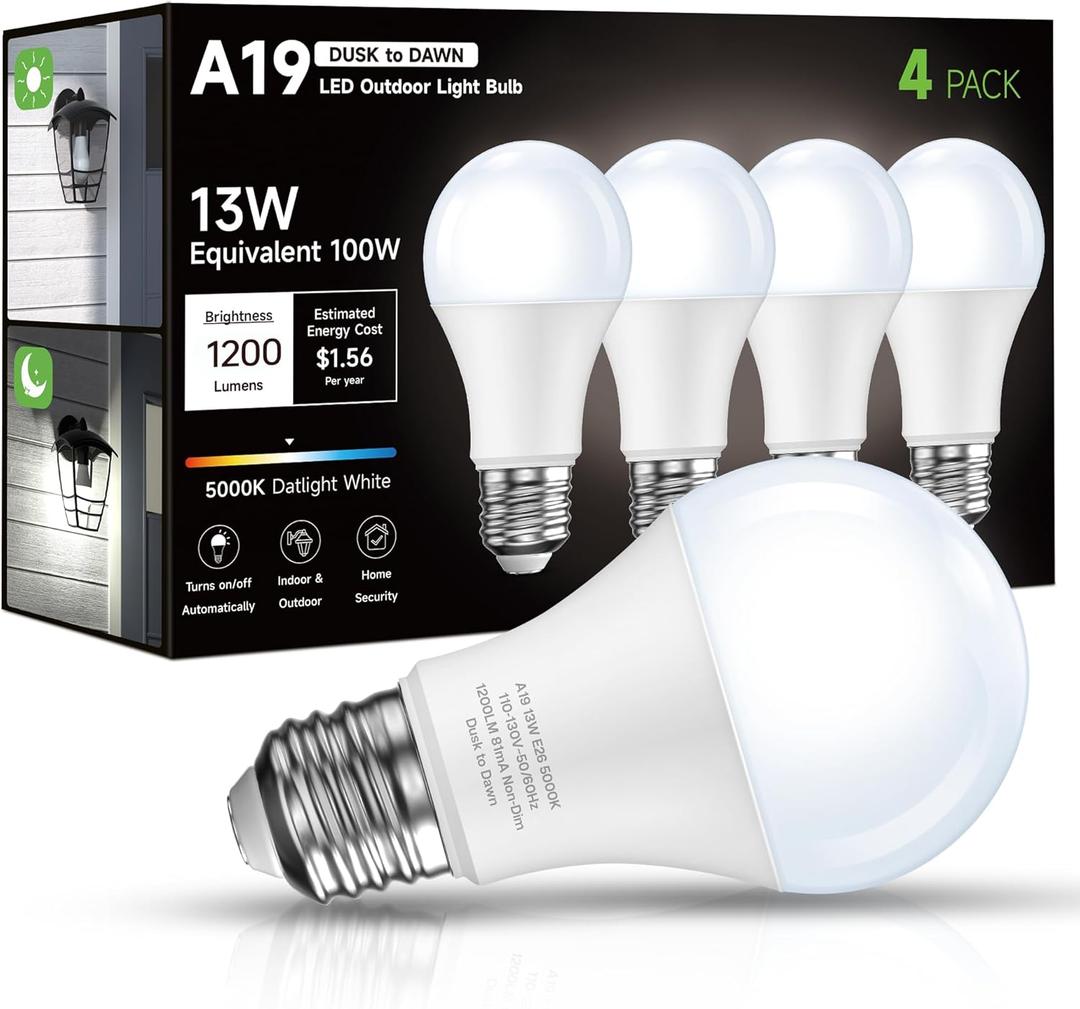 Dusk to Dawn Sensor LED Outdoor Light Bulb, Daylight White 5000K, A19 13W(100 Watt Equivalent) Bright Porch Lighting, 1200LM, Auto-On/Off Photocell Sensor for Garage Yard Patio Garden-4 Pack