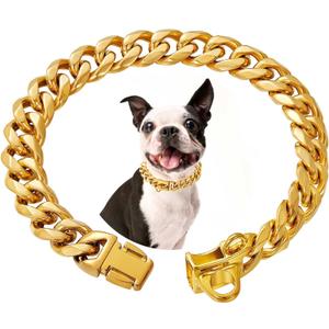 18K Gold Plated Stainless Steel Dog Collar with Safety Lock 15MM Heavy-Duty Cuban Link for Small, Medium & Large Dogs for Extra Small Dog with 8inch Dog's Neck