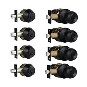 Front Door Lock Set Exterior Door Lock Set with Deadbolt, Single Cylinder Deadbolt Lock and Door Knob Set, Keyed Alike,Matte Black Door Knob and Deadbolt Set,(4 Pack Set)