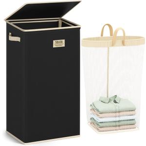 SOLEDI Laundry Hamper with Lid 100L Large & Tall Collapsible Laundry Basket, Clothes Hamper with Bag Removable Easy to Carry, Dirty Hampers for Bedroom, Bathroom, Dorm, College, Pitch Black
