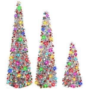 MACTING 3PCS Pop up Christmas Tree with Lights Timer 3FT&4FT&5FT Collapsible Tinsel Pencil Tree Easy-Assembly Coastal Glitter Artificial Tree for Porch Apartment Corner Home Xmas Decor,Silver Mix