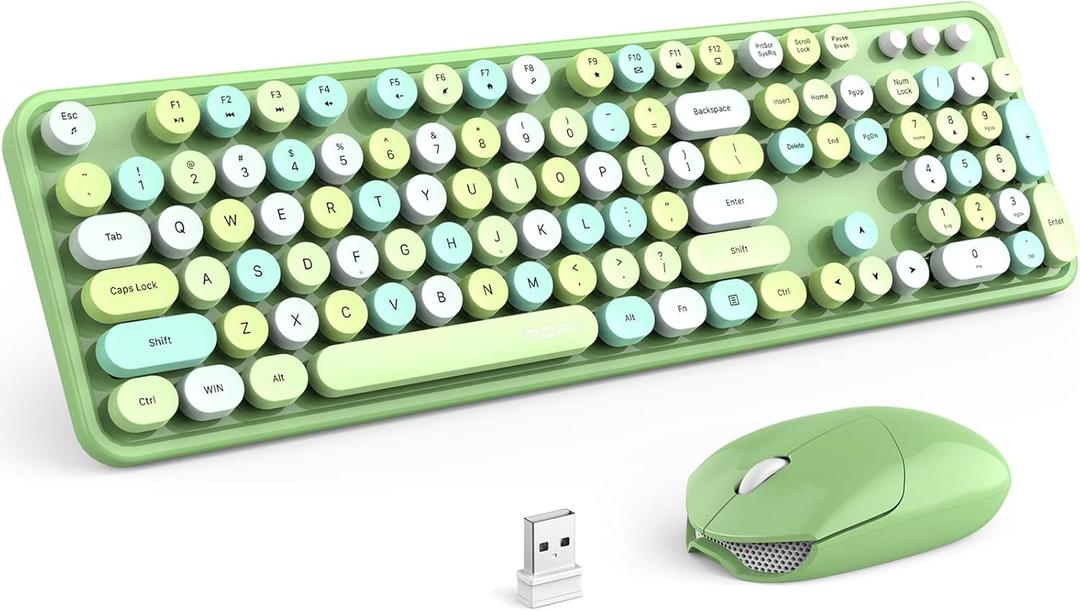 MOFII Wireless Keyboard and Mouse Combo, 2.4GHz Retro Full Size Typewriter Keyboard with Number Pad & Wireless Mouse for Laptop, PC, Desktop, Mac, Windows - Green Colorful (Green Colorful-B)