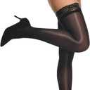 MANZI Shiny Thigh High Stockings Sexy Lace Top Stay Up Silky Sheer Stocking Shimmery Tights for Women 2 Pairs Pack (Black)