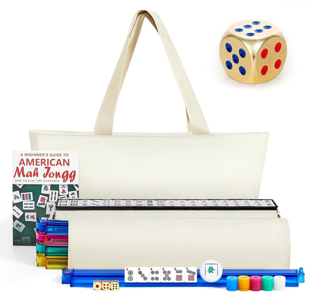 American Mahjong Tile Set, Mah Jong Set Complete with Bag, 166 White Tiles with Golden Dices for Travel, 4 All-in-One Mahjong Racks with Pushers (White), 3 inches x 5.6 inches