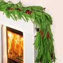 9 FT Christmas Norfolk Pine Garland Real Touch Artificial Greenery Garland Faux Pine Garlands for Mantel Fireplace Table Stairs Indoor Outdoor Christmas Decor, Bonus Gold Ribbon with LED Lights