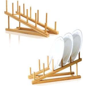 2 PCS Wooden Dish Drying Rack Bamboo Plate Dish Rack Stand Kitchen Cabinet Organizer Pot Lid Holder for Plate, Dish, Cup, Cutting Board, Bowl, Pot Lid
