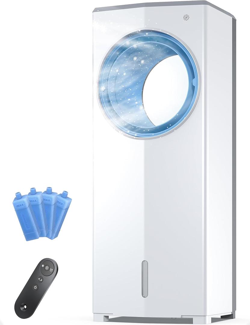 FLOWBREEZE Windowless Portable Air Conditioner, 26" Small Evaporative Air Cooler for Room No Window, 3-Speed Settings, 4 Modes, 7H Timer, Remote Control, 4 Ice Packs, Quiet AC Unit for Bedroom, White