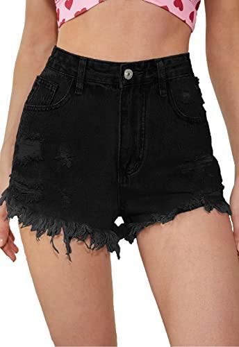 Metietila Women's High Waisted Stretchy Denim Shorts Ripped Raw Hem Summer Jeans Shorts Black L