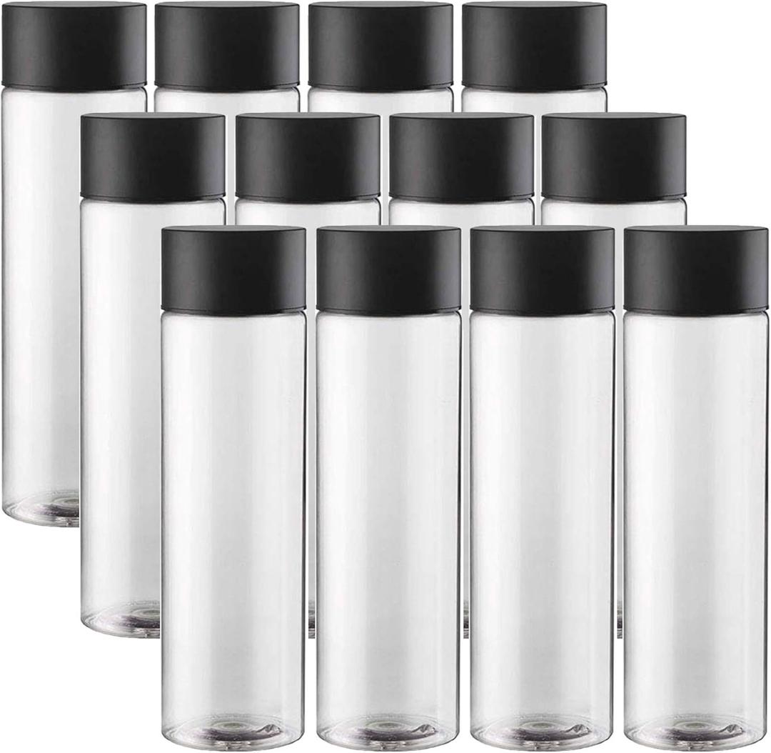 12-Pack Empty Plastic Juice and Water Bottles, 400ml Reusable Containers with Black Lids for Smoothies, Sensory Crafts, and Calm Down Activities