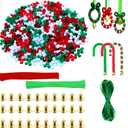 1000Pcs Christmas Tri Beads Plastic Beaded Ornament Kit with 30 Pcs Red and Green Chenille Stems Pipe Cleaners, 30 Pcs Bells and 10m Ribbon for Christmas Tree House Decorations Party DIY Craft Kit