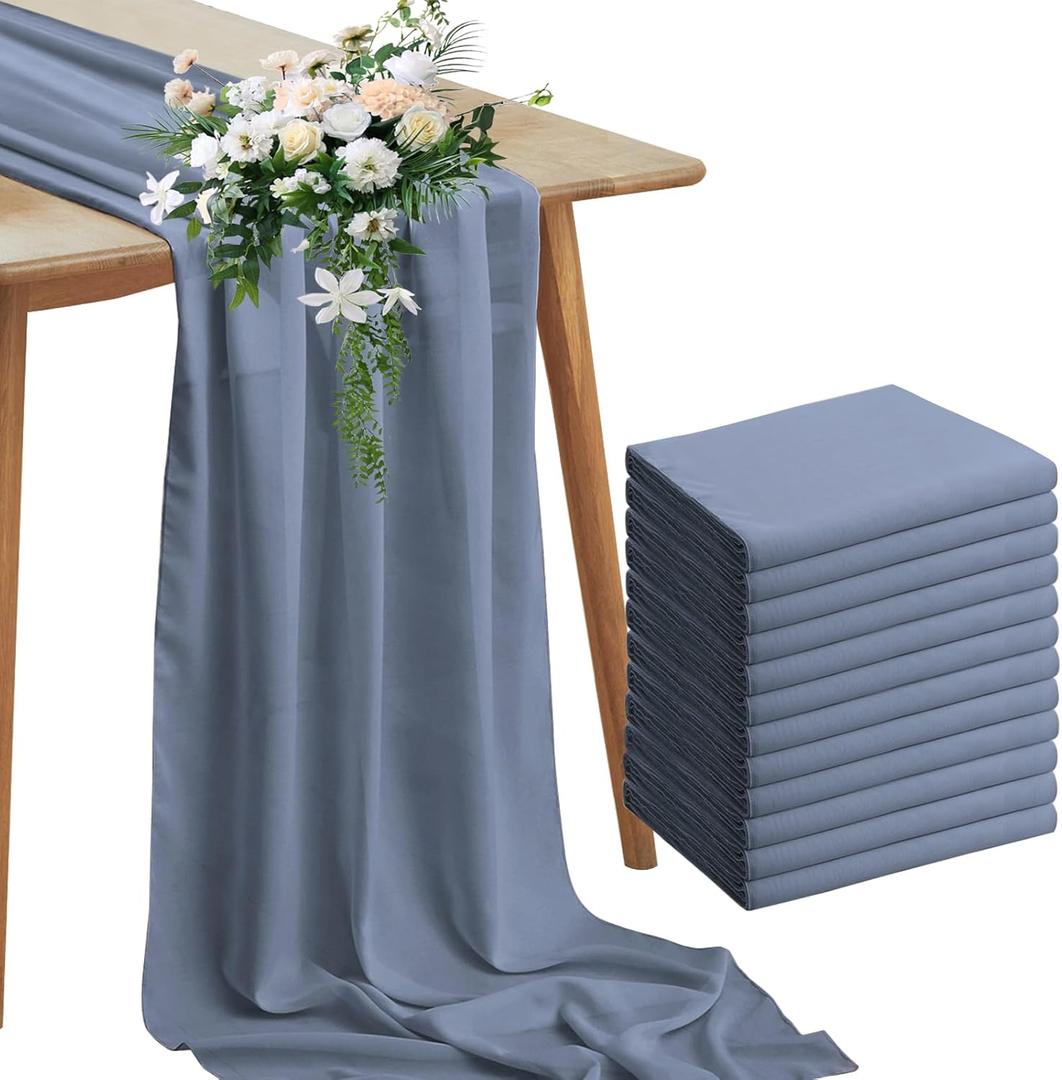 Horbaunal 12 Pack Dusty Blue Chiffon Table Runners 10FT Sheer Chiffon Runner 29x120 Inches Romantic Boho Rustic Table Runner for Wedding Party Bridal Baby Shower Table Decorations