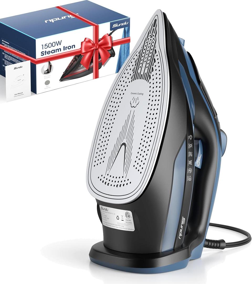 Steam Iron for Clothes 12s Fast Heat-up, 1500W with 13.21oz Water Tank, Ceramic Soleplate, 3-Way Auto-Off, Burst of Steam, Precision Tip, Self-Clean, Anti-Calc, Vertical Steamer for All Fabrics