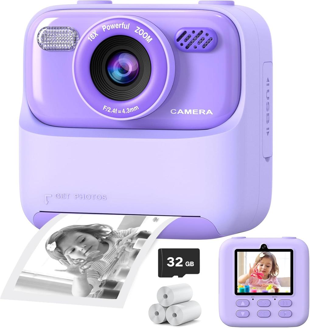 Kids Instant Digital Cameras for Boys and Girls, 1080P HD Dual-Lens Selfie Digital Camera with Print Paper & 32G Card, Christmas Birthday Gifts Toys for Toddler and Teenagers Age 3-16 Years Old, Purple