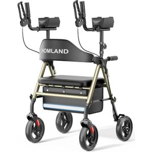 Upright Walkers for Seniors, Stand Up Rollator Walker with Adjustable Padded Armsupport & Seat, Folding Rolling Walker with 8'' Wheel Suitable for All Terrain, Champagne