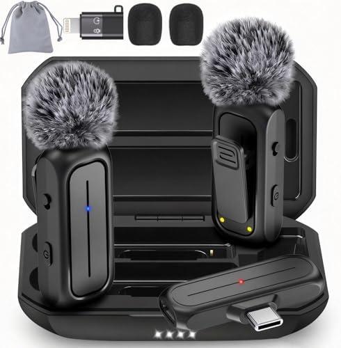2-Pack Wireless Mini Lavalier Lapel Microphone for iPhone,Android Phone w/ Charging Case - 65ft Cordless Clip on Dual Mics with Noise Reduction 6H Working Time for Video Recording Vlogging,YouTube