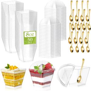 150 Pack 8oz Square Plastic Dessert Cups with Dome Lids and Mini Gold Spoons, Clear Yogurt Parfait Cups Serves 50, Disposable Appetizer Cups for Fruit Pudding Shooter Birthday,Wedding,Party Tasting
