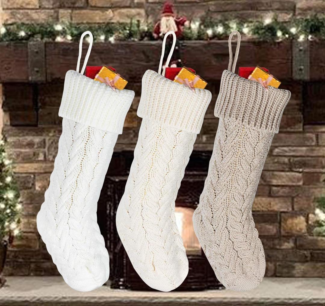 Fancy Knitted Xmas Stockings, 2 Pieces, White