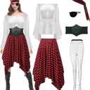 6Pcs Womens Pirate Costume Cosplay Renaissance Blouse Tops Corset Waist Belt Pirate Skirt Cosplay Outfit (Large)