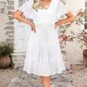 Zattcas Women 2026 Sping Summer Dress V Neck Smocked Waist Casual Flowy A Line Tiered Work Knee Length Dresses (White, L)