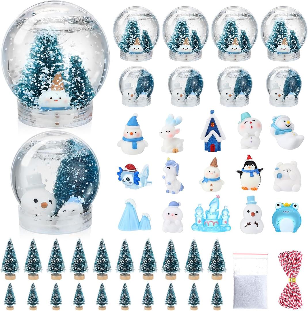 Youyole 47 Pack DIY Snow Globe Kit Includes 10 Clear Plastic Globes 20 Mini Pine with Base 15 Miniature Snowman with Fake Artificial Snow and Rope for Christmas Winter (Blue, Chic)
