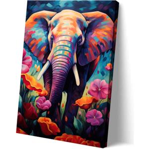 LYUNSHUO Elephant Canvas Wall Art Colorful Animal with Flowers Pictures Print Africa Wildlife Painting Modern Artwork for Home Wall Decor Ready To Hang(Elephant-11,16.00"x24.00")