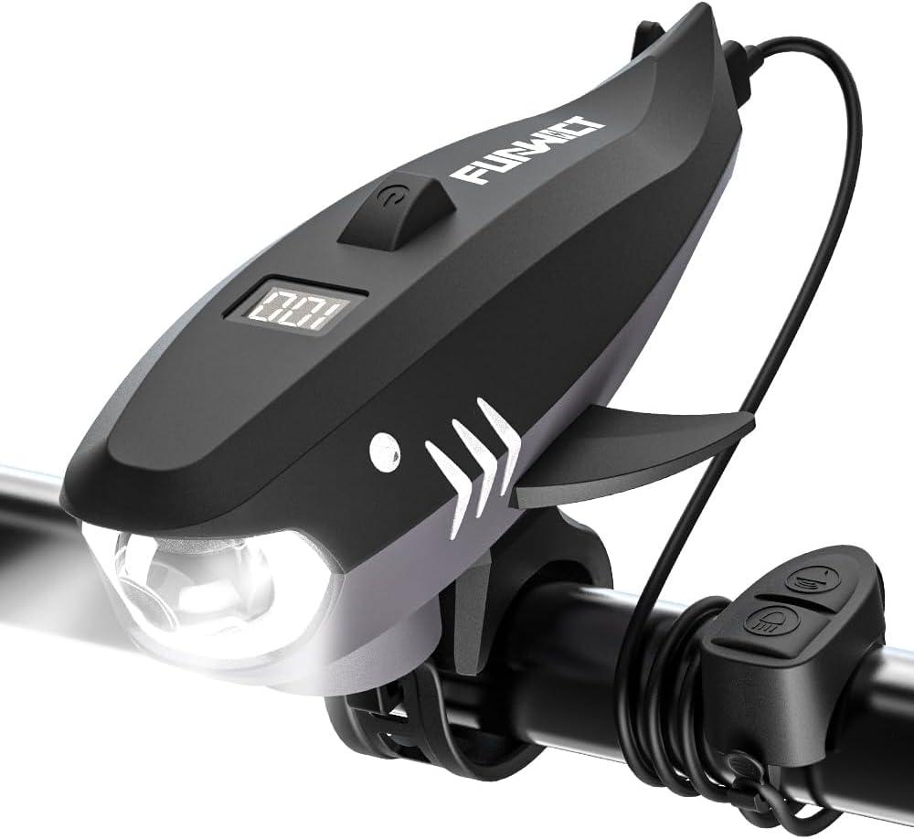 Bike Horn for Kids with Light 2-in-1, Electric Bicycle Horn & IPX5 Waterproof 400 Lumen Rechargeable Bike Headlight, Loud Bike Horn for Boys Girls Fits Most Bicycles Scooter (Black)