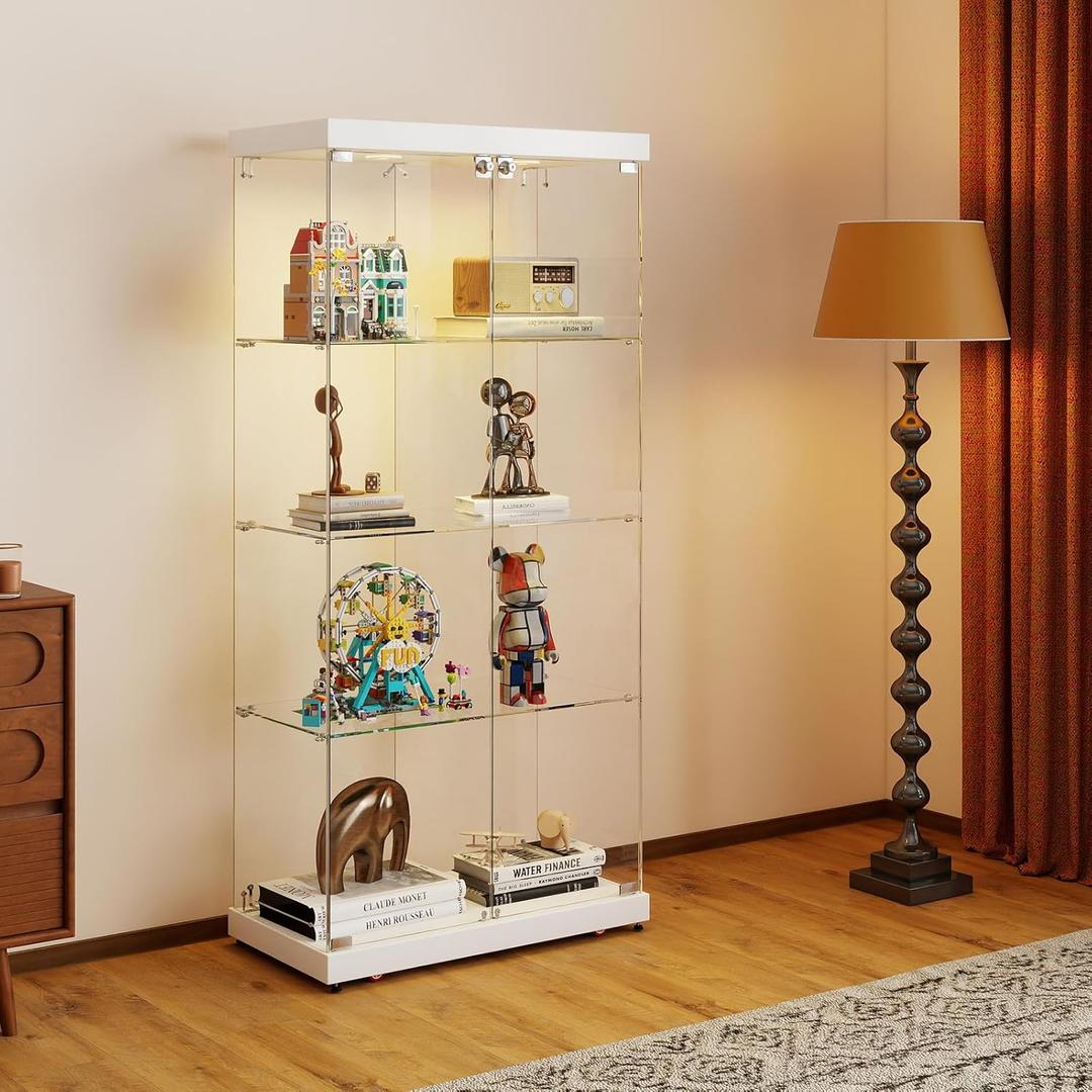 Tempered Glass Display Cabinet with Lights, 4-Tier Curio Cabinet with Glass Doors Wheels Two Locks, Glass Display Case for Collectibles for Living Room, Bedroom, Office, White, Double Door
