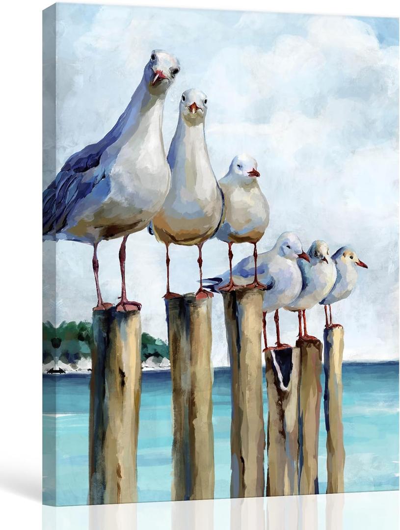 SUMGAR Ocean Wall Art Coastal Sea Bird Artwork Framed Prints Wall Decor Teal Beach Canvas Paintings for Bathroom Bedroom Living Room Decor 12"x16"