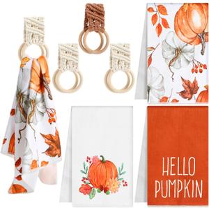6 Pcs Thanksgiving Kitchen Decor Include 3 Fall Pumpkin Dish Towels and 3 Dish Towel Holder Boho Crochet Towel Ring Fall Decoration Set for Oven, Fridge, Housewarming Gifts, 16"x28"