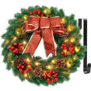 Christmas Wreaths for Front Door with Lights & Timer - 17" 40 LED Pre-Lit Lighted Christmas Wreath Decorations with Metal Hanger, Real Touch Pine Pinecone Xmas Wreath for Windows Indoor Outdoor Wall (Small)