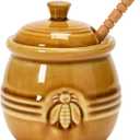 Creative Co-Op Farmhouse Embossed Stoneware Honey Pot with Wood Honey Dipper, Amber Orange (8 ounces)
