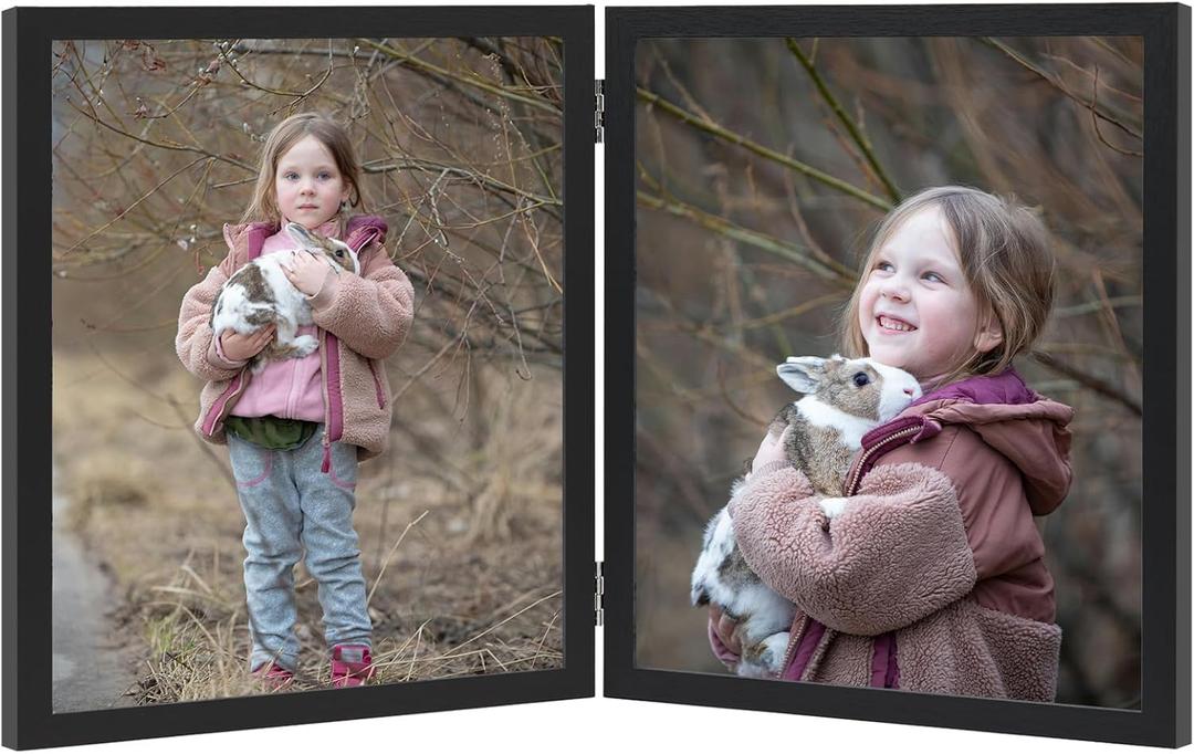 Double 8x10 Picture Frame Hinged Folding Vertical Stand for Tabletop Display, Wood Two Opening 8x10 Double Photo Frame Collage with Shatter Resistant Plexiglass, Black