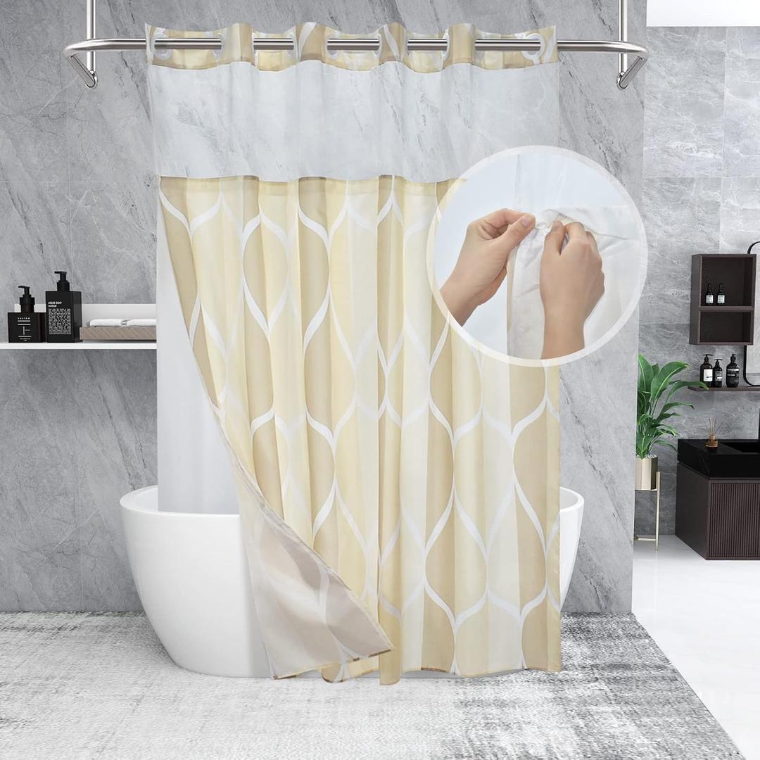 No Hook Ivory Luxury Double Shower Curtain with Snap in Fabric Liner Set-Hotel Style with See Through Mesh Top Window, Modern Geometric Waterdrop Design,71x74 INCH