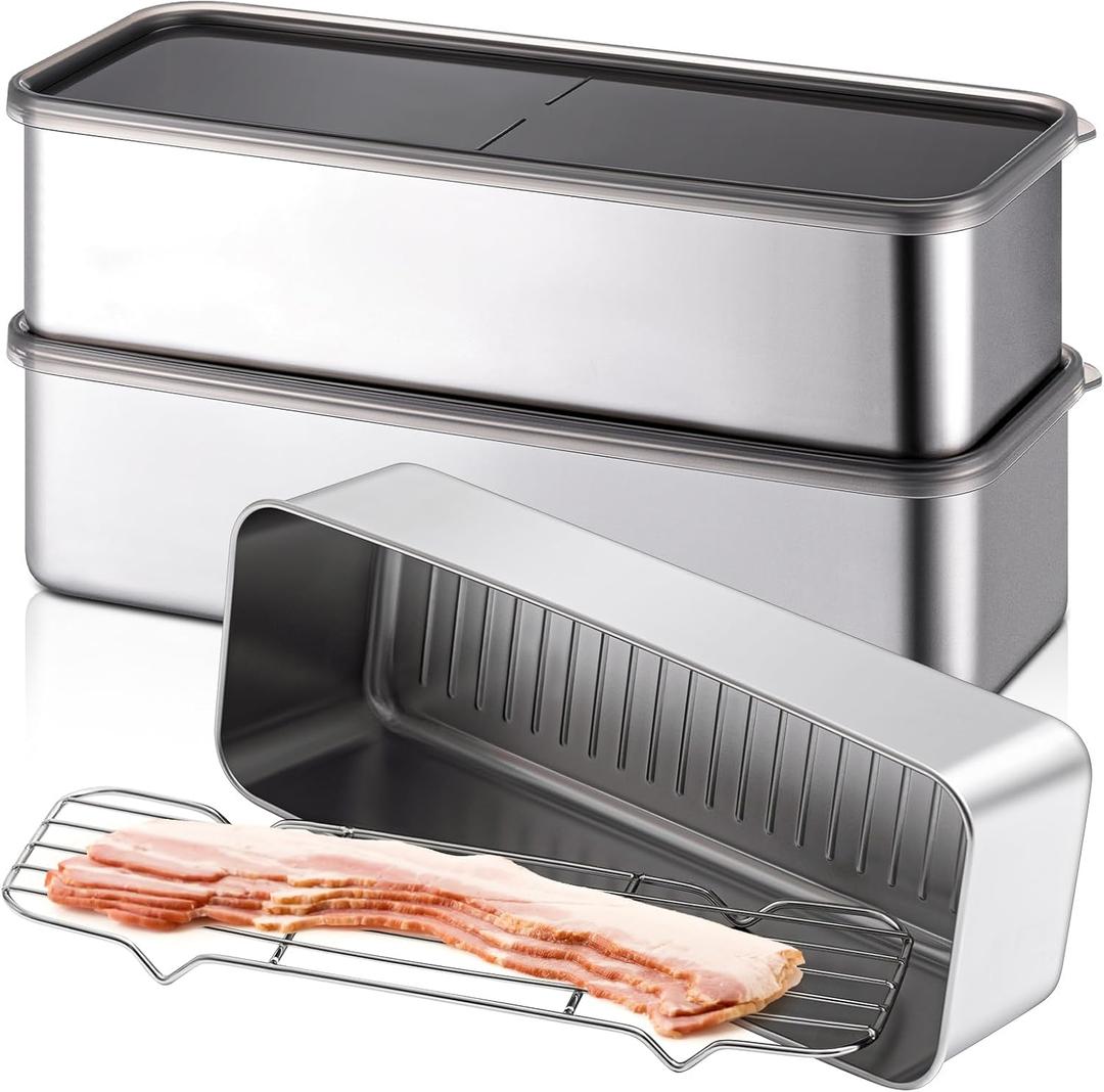 Hushee 3 Set 304 Stainless Steel Containers for Fridge with Removable Drain Tray 60 oz Rectangular Airtight Food Container with Lids for Fruit Bacon Deli Meat Storage(10.43 x 3.94 x 2.76 Inch)