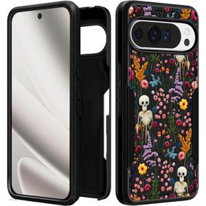 for Google Pixel 10 Pro XL Case - Women Cute Girls Cover Girly Aesthetic Unique Design Skeleton Flower Heavy Duty Protective Shockproof Military Grade for Google Pixel 10 Pro XL Phone Case