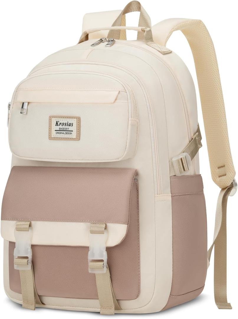 Backpack for Girls and Teens, Cute School Bag for Kids, Kawaii Bookbag for College Students, Aesthetic Laptop Backpack for Women Nursing Work, Beige Khaki