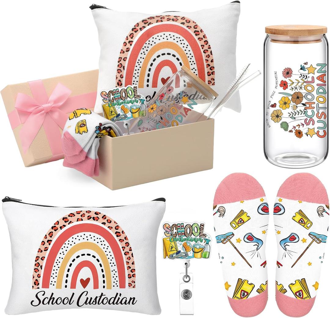 Skylety 5 Pcs School Custodian Gifts for Women 16 oz Glass Cup Socks Cosmetic Bag Badge Holder School Custodian Appreciation Gift Box for Thank You Janitor Staff Cleaning Lady