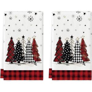 Artoid Mode Red Black Xmas Trees Christmas Kitchen Towels Dish Towels, 18x26 Inch Daily Buffalo Plaid Winter Decoration Hand Towels Set of 2